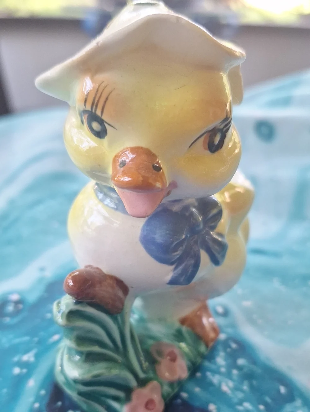 Vintage Yellow Ceramic Duck Planter with Blue Bow Planter/Vase